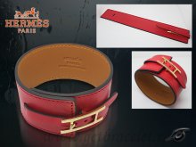 Hermes Fleuron Large Leather Bracelet Red With Gold